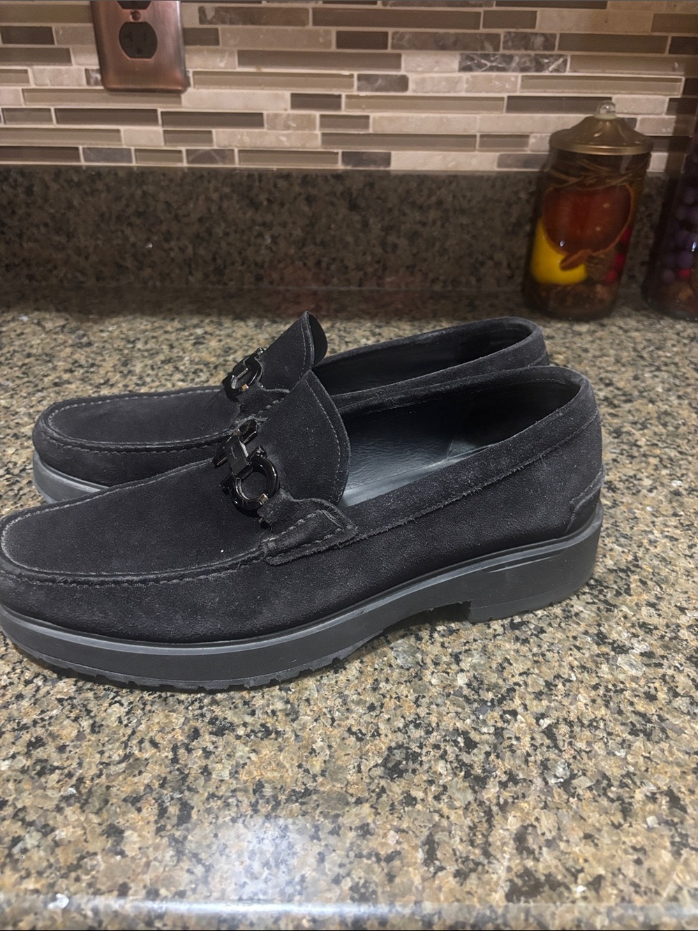 Salvatore Ferragamo Black Suede Loafers with Gancini Bit